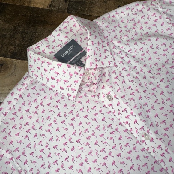 Bonobos Stretch Men's Pink Button Down Shirt Flamingo Print Slim Fit 33 16 1/2 - Picture 2 of 10